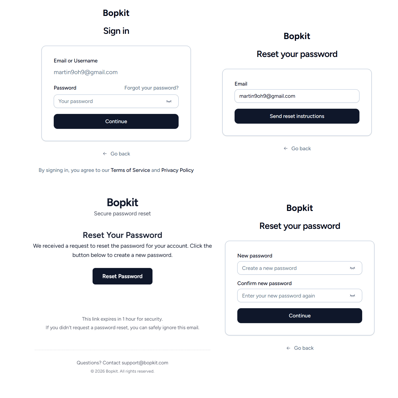 Bopkit forgot password page with email input and reset instructions