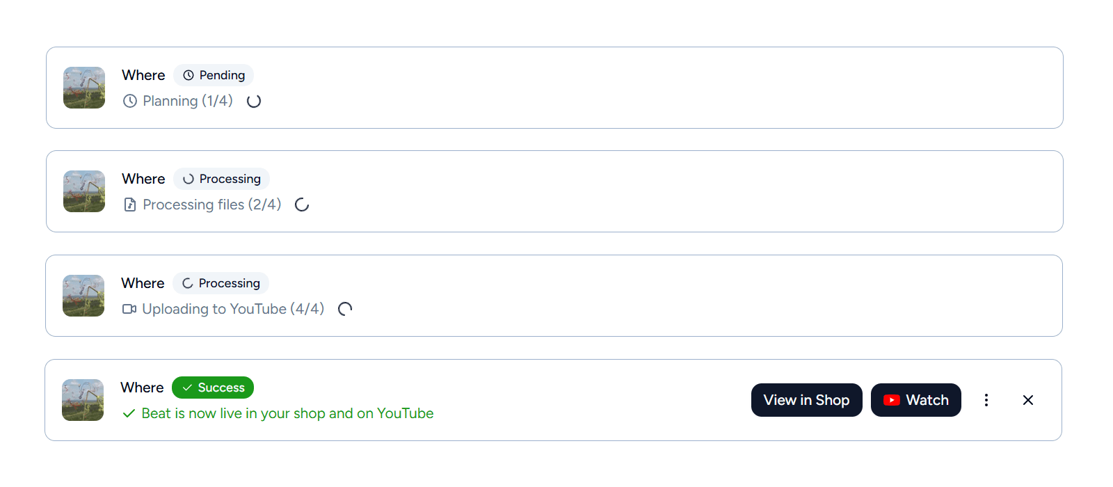 Publishing progress panel showing step-by-step status indicators for planning, processing, saving, and YouTube upload
