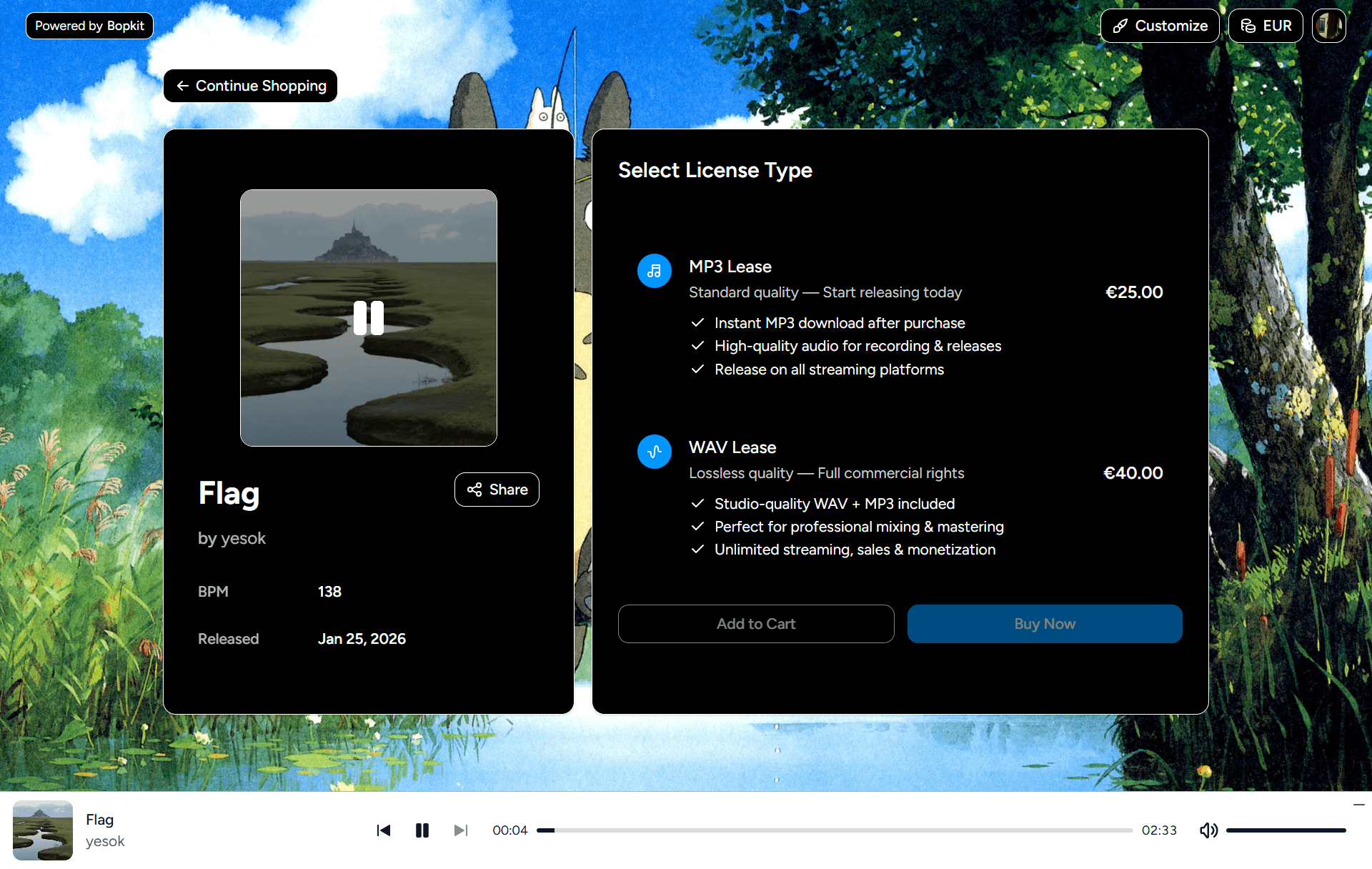 Beat detail page showing artwork, metadata, license options, and pricing