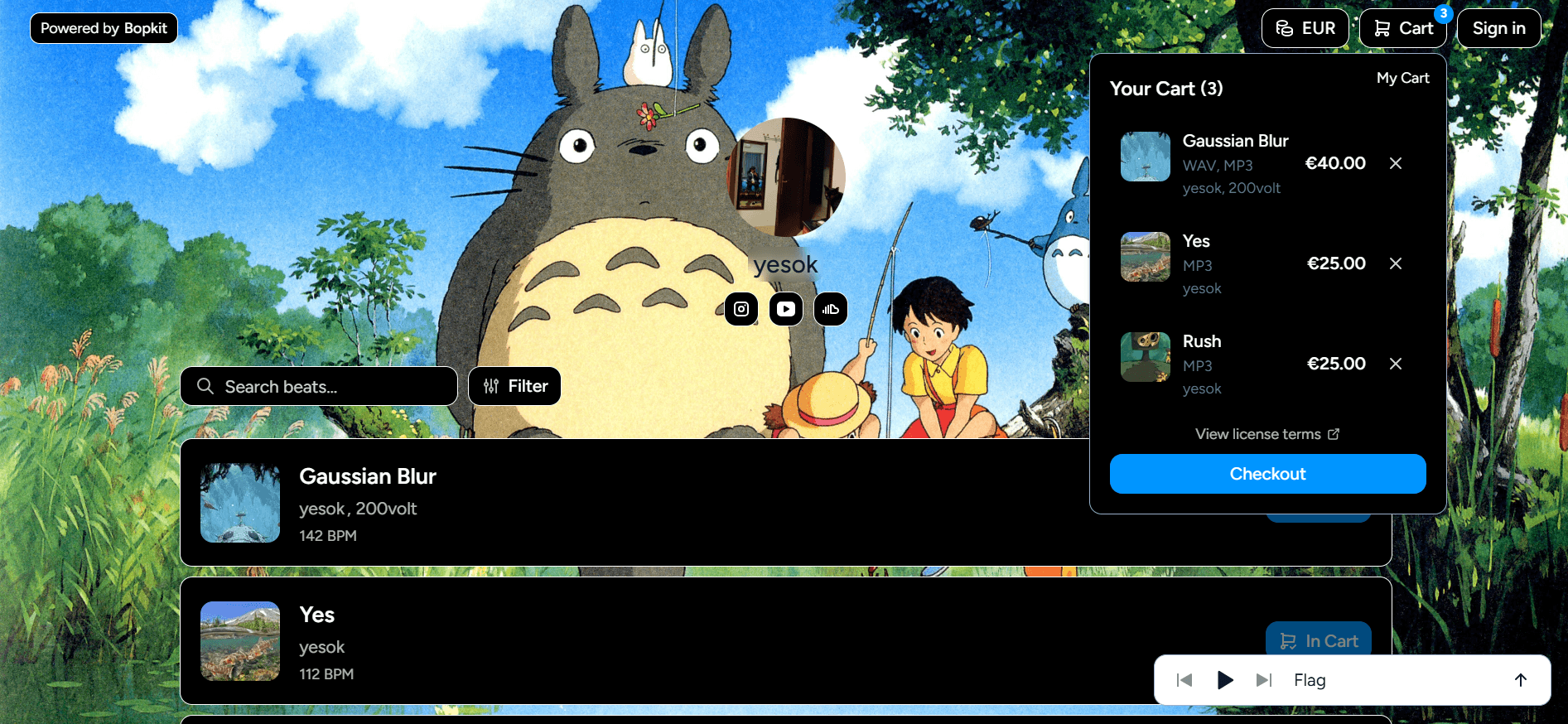 Shopping cart showing items with license types and total