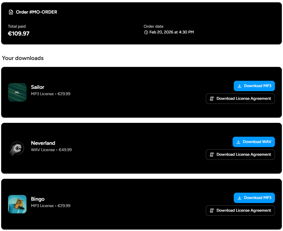 Order detail page with download buttons and order breakdown