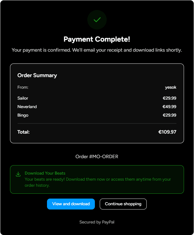 Order processing page showing payment confirmation states