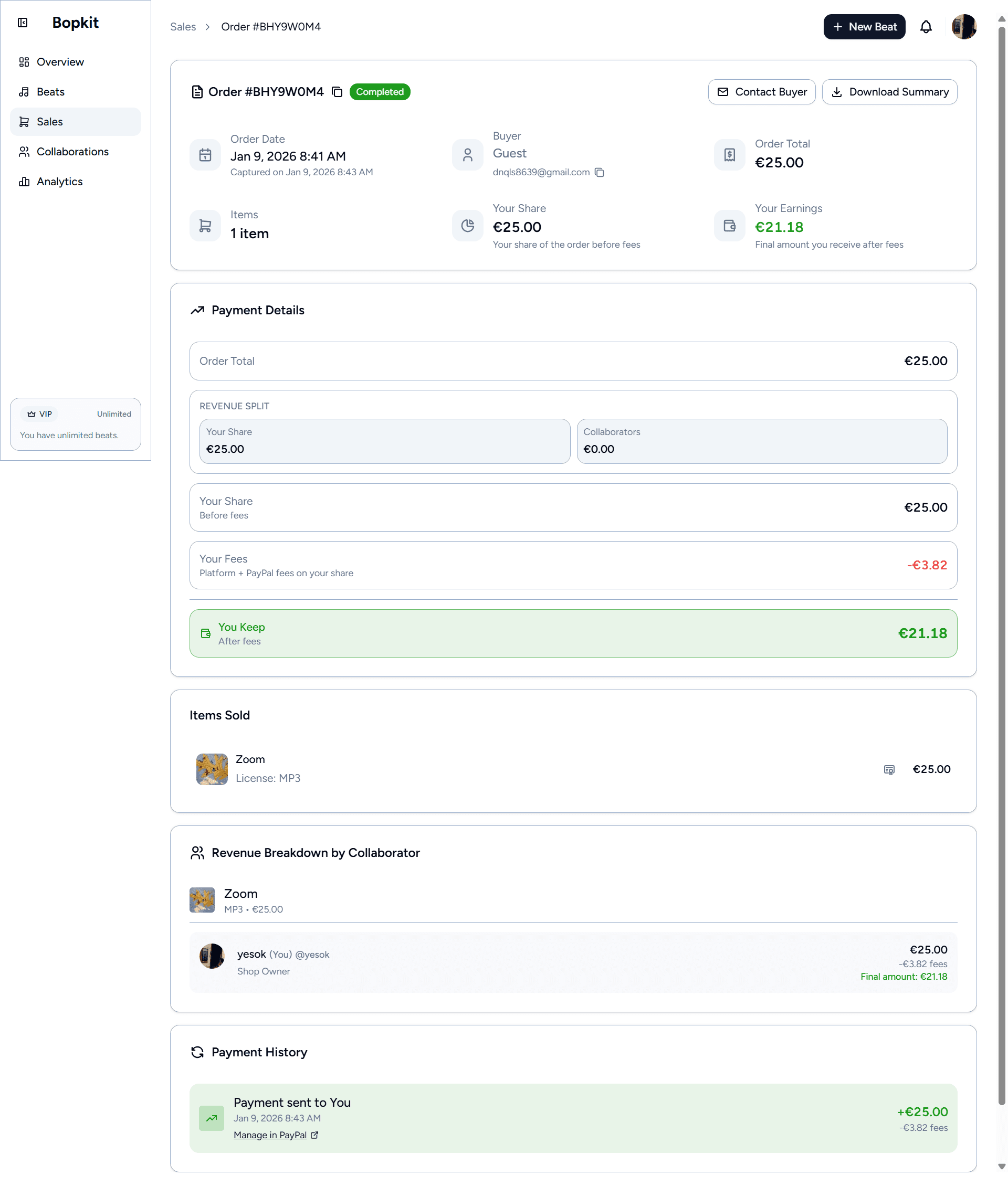 Order detail page showing payment overview, financial breakdown, collaborator payouts, and transaction history