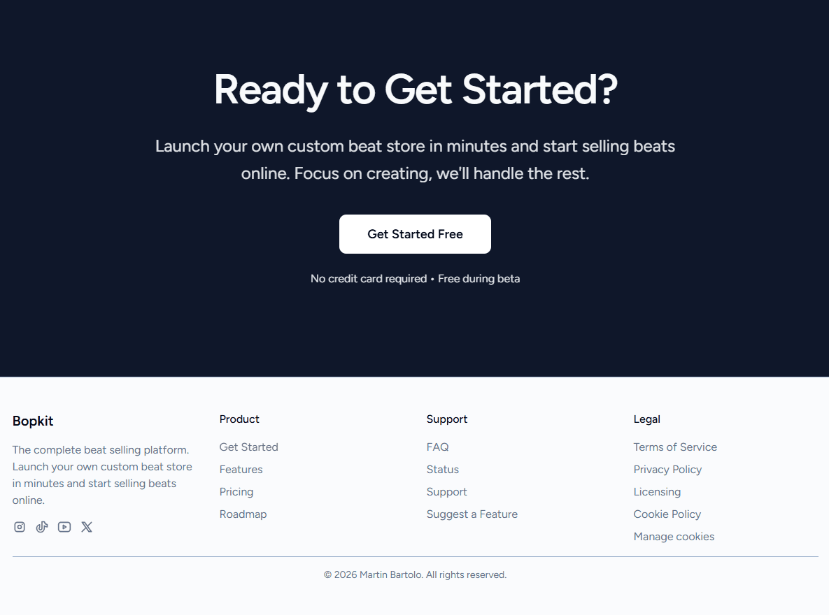 Bopkit footer with call-to-action and navigation links