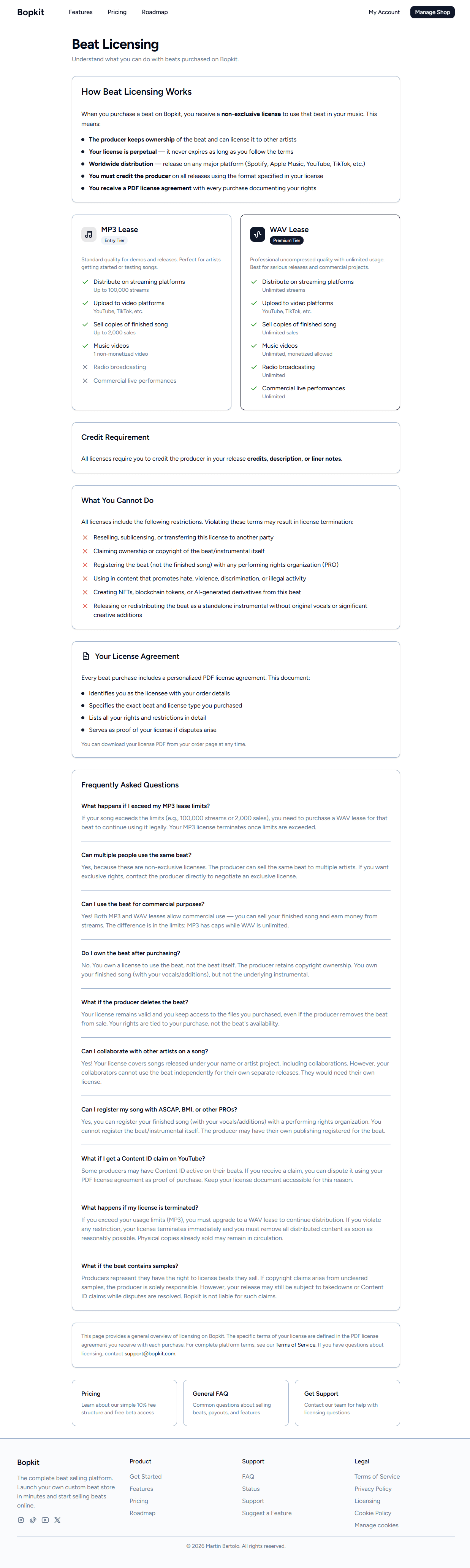 Bopkit licensing page explaining license types and usage rights