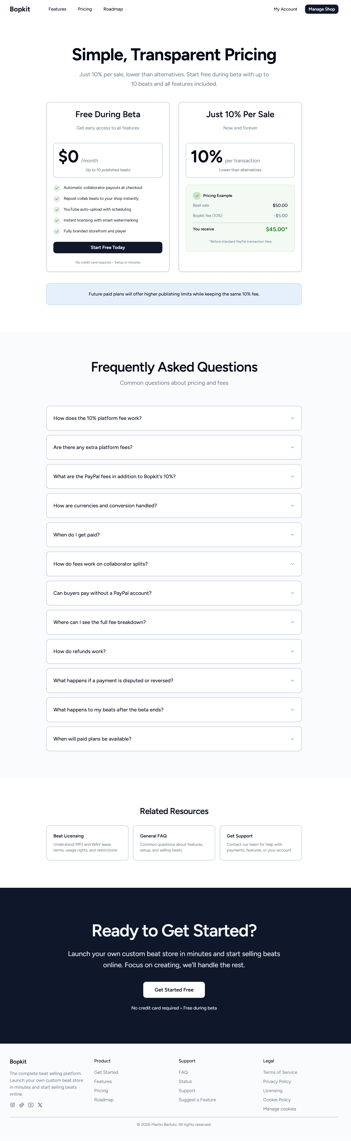 Bopkit dedicated pricing page with fee breakdown and FAQ