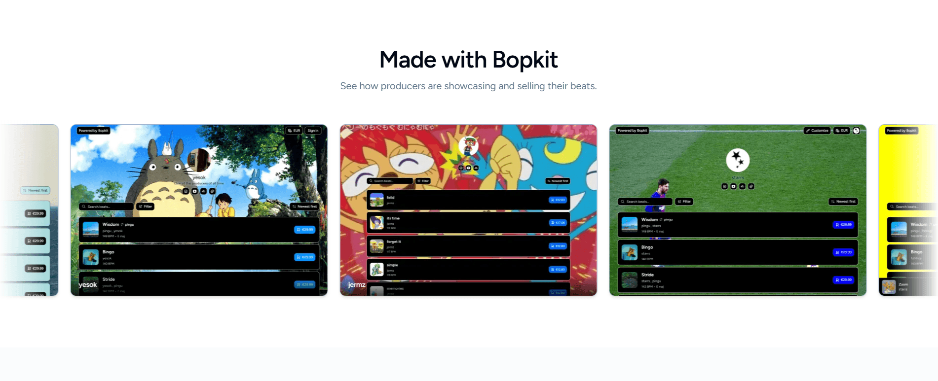 Bopkit shops showcase showing real producer storefronts
