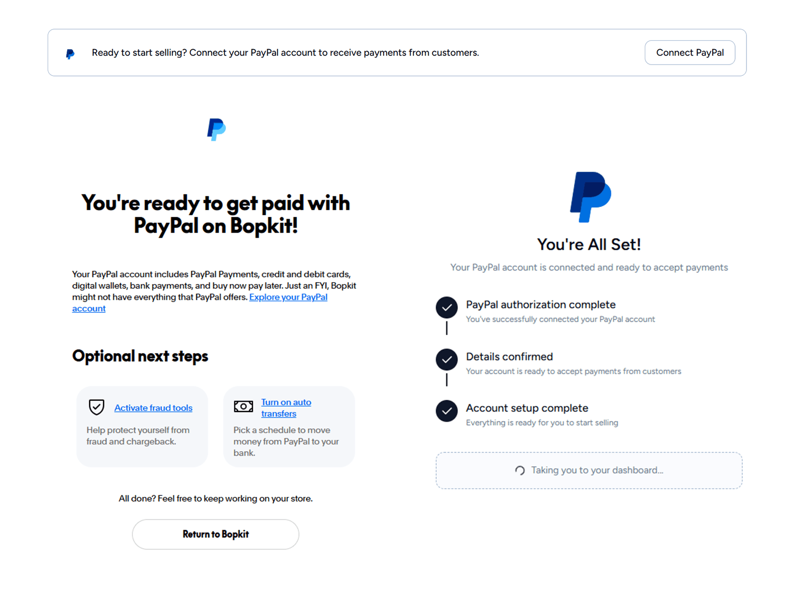 Bopkit PayPal connection flow: connect prompt, PayPal authorization, and callback progress page