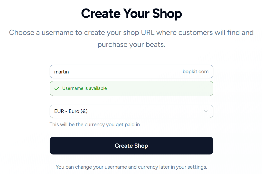 Bopkit onboarding screen with username selection, live shop URL preview, and currency auto-detection