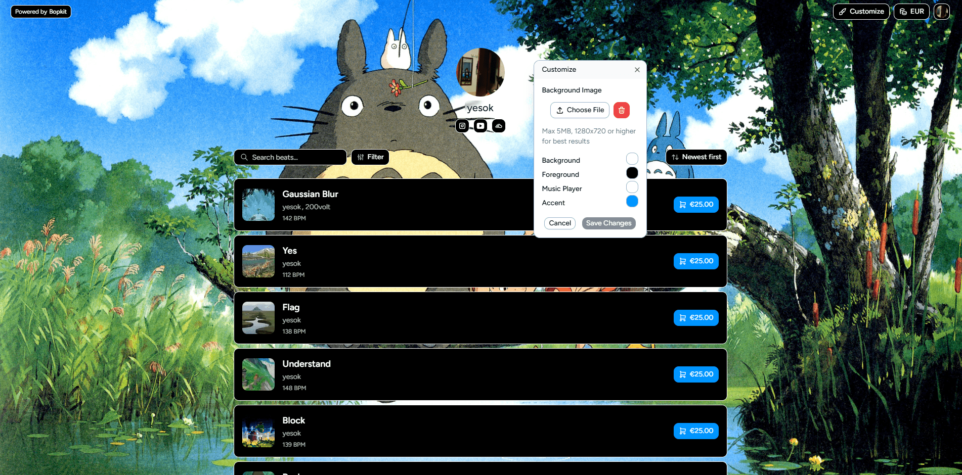 Draggable shop customization dialog with color pickers floating over the shop